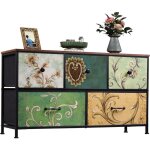 Commode 5 tiroirs 100x30x55. 2cm - cadre en mtal, tiroirs avec poignes en tissu - motifs rtros - noir ...