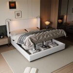 Fortuna lai ? lit coffre 140x190 avec rangement ? t�te de lit avec liseuses led ? velours c�tel� beige ...