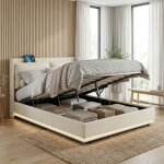 Fortuna lai ? lit coffre 160x200 cm en velours beige avec led rgb ? t�te de lit avec rangement et hub ...