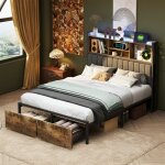 Fortuna lai - lit double 140x200cm - cadre en fer avec 2 tiroirs et t�te de lit rangement led avec port ...