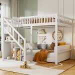 Lit mezzanine 90x200cm, lit enfant avec escalier avec meuble de rangement, structure en bois massif, ...