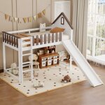 Lit mezzanine 90x200cm - lit enfant avec toit et fentre, chelle droite et toboggan - pin + mdf, blanc ...