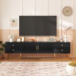 Fortuna lai - meuble tv 175x30x46cm, panneau bas avec porte texture, iroirs, poignes dores et pieds ...