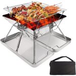 Foyer barbecue pliable inox + grille bois / charbon camping, piquenique avec bo�te fer et sac
