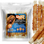 Friandises pour chien uniq pets long stick en cuir de b?uf avec poulet 500 g