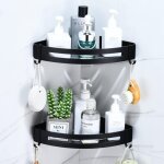Etagere salle de bain sans percage, Étagère murale noire douche panier rangement angle avec 4 crochets ... Etagere salle de bain sans percage, Étagère murale noire douche panier rangement angle avec 4 crochets ...