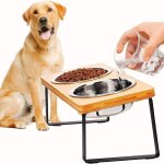 Gamelle sur�lev�e pour chien et chat, wood chien porte gamelle, 2 acier inox bols doubles pour animaux ...