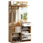 Garderobe d?entr�e avec miroir et banc � chaussures, blanc et bois, 100x38, 5x190 cm