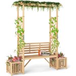 Goplus arche de jardin avec banc & 2 bacs jardini�res, treillis en bois pour plantes grimpantes & vignes, ...