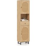 Goplus armoire haute de salle de bain 170cm, meuble en rotin pe avec 2 portes, compartiment ouvert et ...