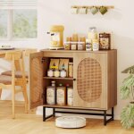 Goplus buffet bas avec cannage, buffet salle a manger avec 2 portes d�cor�es de rotin, �tag�re r�glable, ...