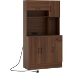 Goplus - buffet cuisine avec station de charge, meuble rangement cuisine haute avec tiroir, porte - verres ...