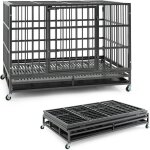 Cage pour chien pliable en métal avec roues verrouillables, cage avec double portes verrouillables, plateau ... Cage pour chien pliable en métal avec roues verrouillables, cage avec double portes verrouillables, plateau ...