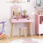 Goplus - coiffeuse enfant fille 3 - 7 ans, coiffeuse en bois avec miroir amovible avec tabouret, 2 en ...