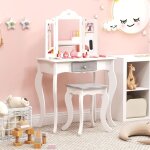 Goplus - coiffeuse enfant fille, coiffeuse avec 3 miroir amovibl et tabouret, table de maquillage 2 en ...
