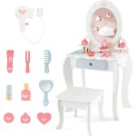 Goplus - coiffeuse enfant fille, coiffeuse avec miroir ovale amovible et tabouret, table de maquillage ...