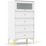 Goplus commode avec 4 tiroirs 60x40x112, 5cm avec placard � porte en verre et tiroirs coulissants - pieds ...