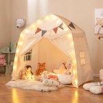 Goplus - grande tente enfant, cabane enfant interieure exterieur avec lumires, drapeaux, 2 portes, 2 ...