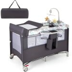 Lit parapluie bb avec matelas, 5 en 1 berceau bb evolutif avec table  langer, jouets, roues verrouillable ...