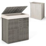 Goplus panier � linge 110l en rotin tiss� � la main avec couvercle, grand panier � linge de 2 compartiments, ...