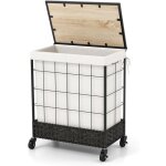 Goplus panier  linge avec roulettes, panier  linge sale avec couvercle en bois, sac  doublure amovible ...