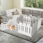 Goplus parc pour chiots 7 panneaux 1 porte en plastique, barri�re pour animaux domestiques avec doubles ...