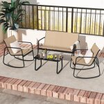 Goplus salon de jardin 4 personnes, 4pcs canap� 2 places avec 2 fauteils � bascule, table basse en verre, ...
