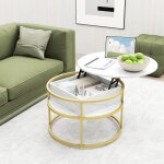 Goplus table basse ronde relevable, table de salon marbre imit� avec plateau relevable, espace cach�, ...