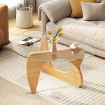 Table basse vitre irrgulire, table de salon avec base pivotante en bois et plateau en verre trempe, ...