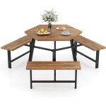 Goplus table de pique - nique jardin exterieure en bois d'acacia fsc pour 6 personnes avec 3 bancs int�gr�s, ...