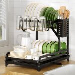 Egoutoire vaisselle cuisine noir 2 niveaux, gouttoir vaisselle inox avec porte - ustensiles et bec d'gouttag ...