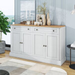 Grand buffet avec 4 portes et 2 tiroirs, 150 x 86 x 40 cm - (blanc antique + bois naturel)
