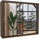 Grande armoire de chambre moderne 3 portes coulissantes marron et miroir douko 250cm