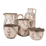 La grande prairie - pot de fleurs d'int�rieur beige et rose c�ramique motif fleurs 18x17cm