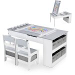 Table enfant avec 2 chaises � peindre ? plateau r�glable en hauteur ? rangement pots de peinture 8 compartimen ...