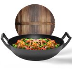 Grillx wok en fonte - avec couvercle en bois - � 36 cm - wok en fonte - po�le pour barbecue et induction ...