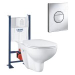 Pack wc suspendu sans bride grohe bau ceramic + bti support + abattant + plaque ronde chrom