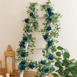 Feiyue - guirlande de fleurs artificielles de 66 pouces avec rose bleue, fausses vignes en soie, guirlande ...