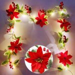 Guirlande de poinsettia de no�l � 20 led avec lumi�res et minuteur, aliment�e par piles, guirlande lumineuse ...