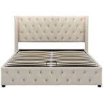 Gutent - beige lit rembourr� , lit fonctionnel hydraulique avec forme d'oreille double rang�e de rivets ...