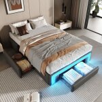 Gutent - lit adulte 160 x 200 cm, avec tiroirs, rev�tement en cuir pu, sans t�te de lit, bande led, gris ...