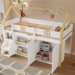 Gutent - lit superpos 90 x 200 cm, avec armoire, toit et fentres, blanc + couleur naturelle