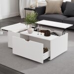 Table basse blanche multifonction ? tiroirs et portes coulissantes, plateau relevable