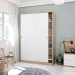 Armoire avec deux portes coulissantes et trois tagres, couleur chne et blanc mat, dimensions 120 x ...
