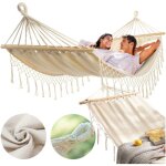 Hamac de jardin boh�me en macram� avec barre d'�cartement et bandeau pour une personne, housse beige