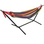 Hamac avec support en mtal ? 260x107x100 cm ? coloris multicolore ? dtente et robustesse