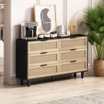 Hauss spole - commode, buffet, 6 tiroirs, rotin, 130x40x75cm, naturel + noir