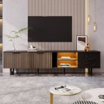 Hauss spole - meuble tv 200cm, placage marbre noir, porte grain bois fonc�, �clairage led orientable, ...