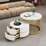 Hauss spole - table basse gigogne 2 en 1, 2 tiroirs, 60x60x46 + 50x50x30, 8cm, placage marbre brillant, ...