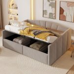 Canap� - lit en velours 140�200 cm, lit coffre, sommier � lattes, mdf, sans matelas, gris clair